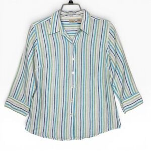 L.L. Bean Linen Button Up Shirt Womens Medium Blue Green‎ Striped 3/4 Sleeve